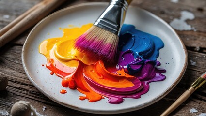 Aufkleber - Vibrant paint colors on a palette with a brush showcasing artistic creativity and inspiration for painting projects.