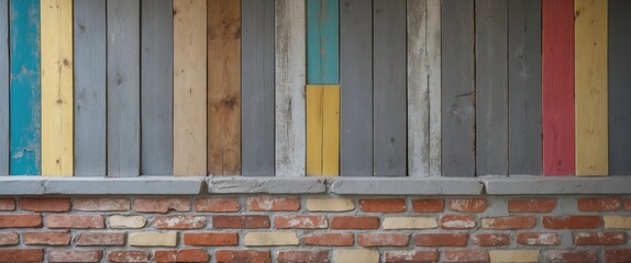 Poster - Colorful vintage wood and brick wall design for interior decoration and home styling in creative living spaces
