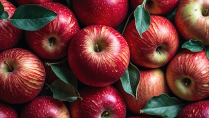 Aufkleber - Fresh red apples arranged with green leaves, showcasing vibrant colors and textures, ideal for food photography or natural product backgrounds.