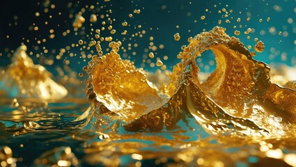 Poster - Golden liquid texture creating dynamic splashes in a serene aquatic environment showcasing luxury and elegance in design.
