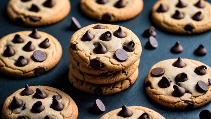 Poster - Delicious freshly baked chocolate chip cookies stacked with additional chips on a dark textured background.