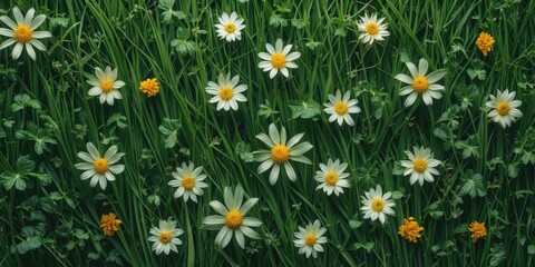 Poster - Vibrant Green Grass and White Flowers Natural Background with Copy Space for Text or Design Elements