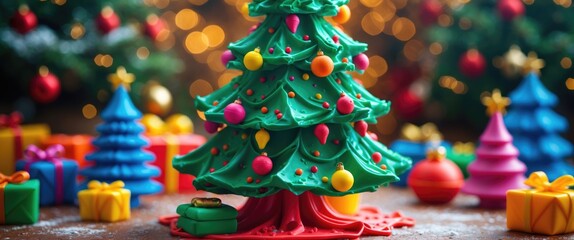 Aufkleber - Colorful Christmas Tree Made of Plasticine with Festive Decorations and Gifts in a Cheerful Holiday Setting