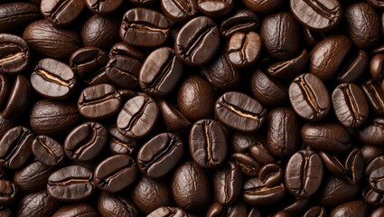 Poster - Richly roasted coffee beans in a close-up macro shot creating an abstract background ideal for coffee-related designs and marketing.