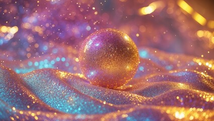 Poster - Shimmering gold and blue glitter gradient backdrop with a sparkling sphere create a dynamic and festive atmosphere for design projects.