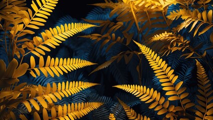Poster - Vibrant golden fern leaves illuminated against a dark night background creating a striking natural contrast and enchanting atmosphere.
