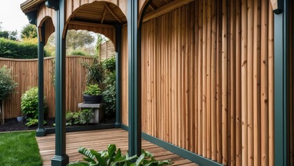 Aufkleber - Corrugated wooden panels creating a rustic gazebo wall with lush greenery and wooden deck in a serene garden setting.