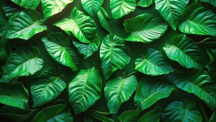 Poster - Lush Green Leaf Texture Natural Background with Varied Leaf Shapes for Organic and Eco-Friendly Themes