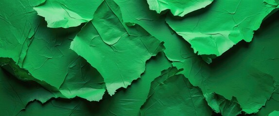 Poster - Vibrant green textured paper background with layered and torn sheets showcasing rich hues and intricate details in high resolution.
