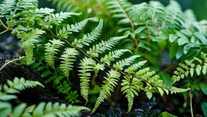 Aufkleber - Close-up of vibrant Selaginella involvens fern showcasing intricate leaf patterns in a lush green environment.
