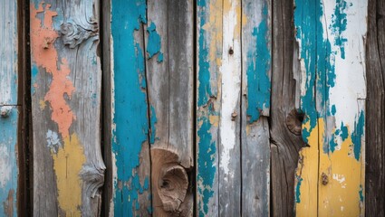 Aufkleber - Close up of weathered wooden boards featuring vibrant peeling paint textures in blue, yellow, and orange tones for artistic backgrounds.