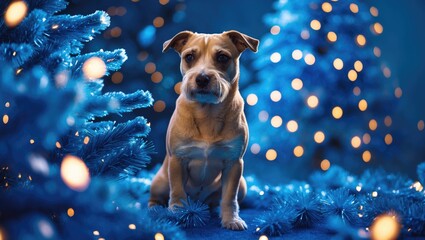 Poster - Blue Christmas tree with dog decoration symbolizing the 2018 Year of the Dog, festive atmosphere with lights and vibrant colors.