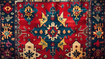 Poster - Vibrant Handwoven Turkish Carpet Featuring Intricate Patterns and Rich Colors Ideal for Home Decor and Cultural Display