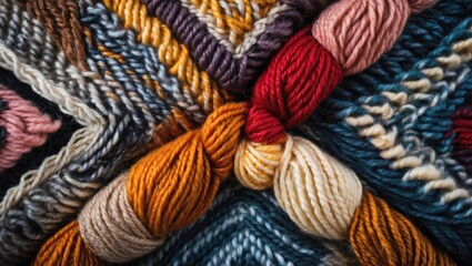 Aufkleber - Colorful woolen yarn patterns showcasing intricate textures and vibrant hues in a close-up view ideal for textile and craft designs.