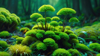 Poster - Lush green moss thriving in a vibrant forest with soft, rounded formations creating a serene and tranquil natural environment.