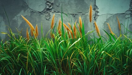 Poster - Lush grass with tall yellow-green blades against a textured cement wall for abstract natural and urban backgrounds