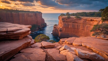 Aufkleber - Stunning sunset over rocky cliffside with reddish stones and a tranquil ocean view, ideal for nature-themed designs and text placement.