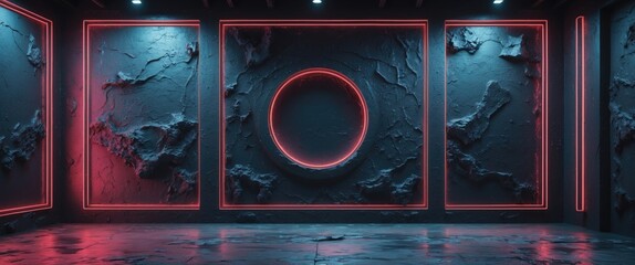 Aufkleber - Modern grunge illuminated wall design with neon accents for artistic and creative backgrounds in interior and graphic applications.