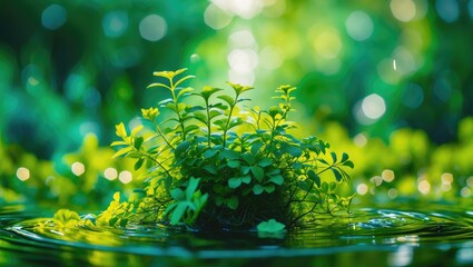 Poster - Lush green abstract background with blurred plants and sparkling water creating a serene, nature-inspired atmosphere.