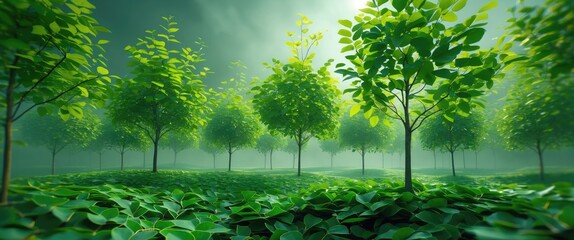 Poster - Lush greenery of young trees in a serene forest setting with vibrant green leaves and soft sunlight filtering through the canopy.