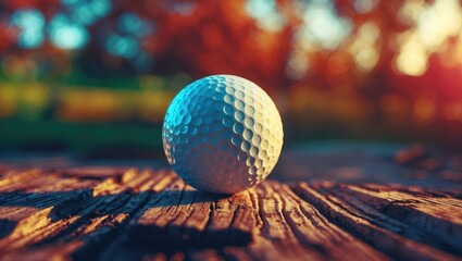 Poster - Golf ball resting on textured wooden surface with natural background showcasing warm light and bokeh effect for a serene outdoor atmosphere.