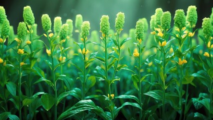 Poster - Vibrant green flower stems and leaves with yellow blooms in a lush garden setting under soft natural lighting.