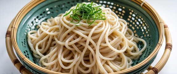 Aufkleber - Chilled Udon Noodles Served in Bamboo Colander Isolated on White Background Perfect for Culinary and Food Presentation Concepts