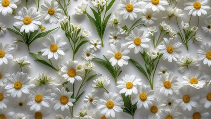 Fototapete - Floral arrangement of white daisies and green leaves on a bright background creating a fresh and vibrant natural aesthetic.