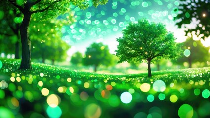 Poster - Lush Green Bokeh Background with Trees Blurred in Bright Natural Light for Summer and Spring Aesthetic Imagery