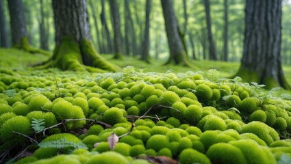 Aufkleber - Lush emerald moss covering the forest floor in a tranquil European woodland scene under soft sunlight.