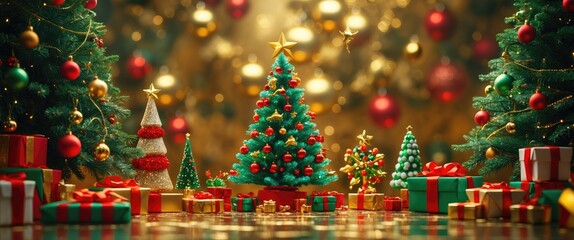 Poster - Festive Christmas scene with decorated trees and colorful gifts on a sparkling gold background, evoking holiday spirit and joy.