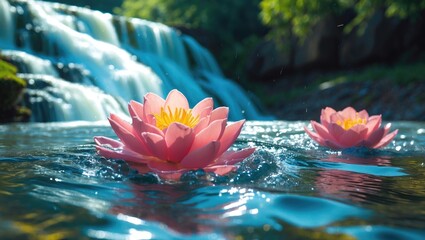 Poster - Serene pink lotus flowers floating on tranquil river water with a cascading waterfall in the background under bright sunlight.