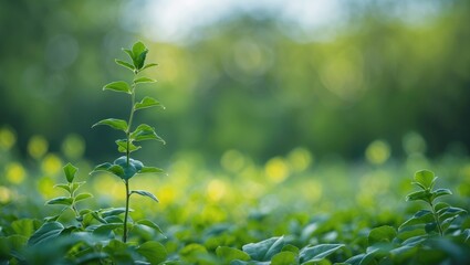 Poster - Vibrant green foliage with a soft blurred background creating a tranquil and fresh nature ambiance in the outdoors.