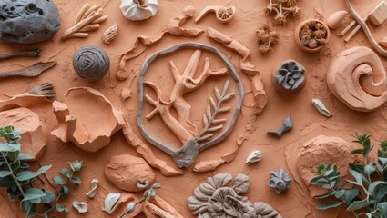 Aufkleber - Artistic clay flat lay with natural elements and textures showcasing creativity and craftsmanship in earthy tones and organic shapes.