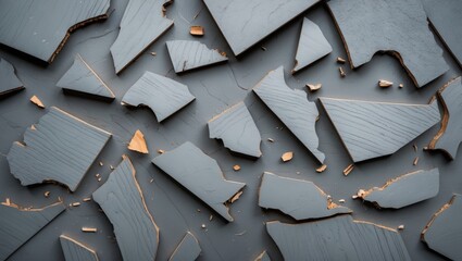 Poster - Textured broken plywood board pieces scattered on a dark surface creating an abstract background for artistic or design applications.
