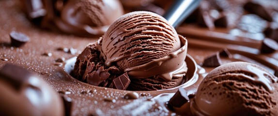 Poster - Decadent close-up of rich chocolate ice cream scoops surrounded by chocolate shards and sauce showcasing gourmet dessert indulgence.