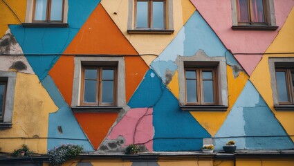 Aufkleber - Vibrant colored facade with triangular patterns and four windows showcasing urban artistic expression and architectural detail
