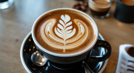 Aufkleber - Beautiful latte art in a black cup on a wooden table showcased with coffee beans and drinks, perfect for coffee-related content.