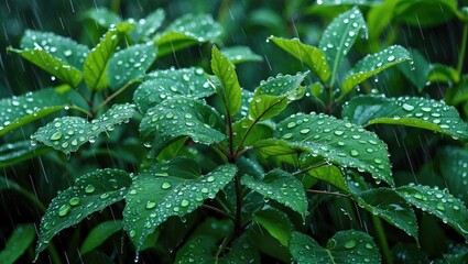 Poster - Majestic green leaves adorned with raindrops, capturing the essence of nature's beauty in a tranquil garden setting.