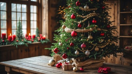 Aufkleber - Festively decorated Christmas tree with ornaments and gifts on rustic wooden table in warm inviting holiday interior setting.