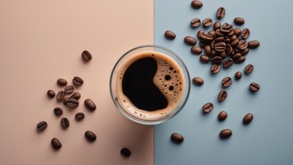 Poster - Stylish coffee still life with a glass of black coffee and scattered coffee beans on a pastel background ideal for beverage themed designs.