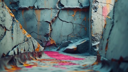 Poster - Abstract cracked concrete wall with vivid colors and textured details for artistic backgrounds and architectural themes.