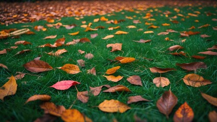 Poster - Vibrant green grass covered with colorful fallen leaves in autumn showcasing seasonal beauty and nature's transformation.