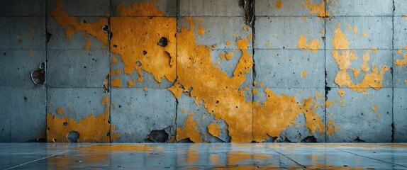 Poster - Textured grunge concrete wall with orange stains and peeling paint creating a worn urban backdrop for design and artistic projects