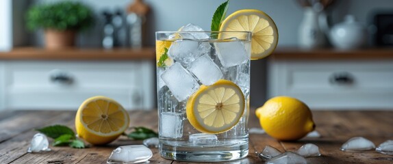 Aufkleber - Refreshing Lemonade with Ice in a Glass on Kitchen Table Surrounded by Fresh Lemons and Mint Perfect for Cooling Off
