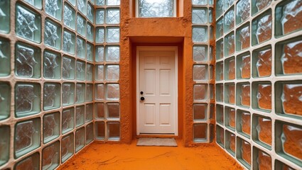 Poster - colorful entryway featuring glass block walls and a contrasting white door set against an orange cem