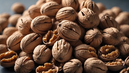 Aufkleber - Close up of a pile of unshelled walnuts highlighting their textured shells and opened halves revealing golden kernel inside