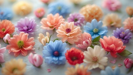 Aufkleber - Soft focus colorful flowers arranged beautifully on textured mulberry paper background for artistic and floral design concepts.