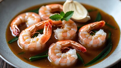 Poster - Fresh Shrimp in Savory Fish Sauce Garnished with Garlic and Green Herbs on a Plate Perfect for Culinary Presentations and Seafood Dishes