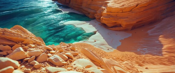 Poster - Vibrant aerial view of textured sandstone cliffs meeting turquoise waters and sandy beaches in a serene coastal landscape.